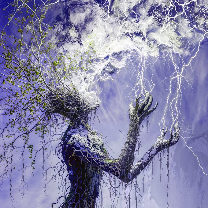 A surreal digital artwork depicts a humanoid figure with branches, roots, and leaves sprouting from its head, reaching up toward a dramatic sky filled with swirling clouds and bright lightning bolts.