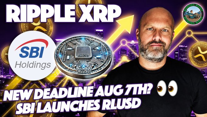 A bearded man stands before a purple cityscape backdrop alongside a large Ripple XRP coin and the SBI Holdings logo, with bold text announcing "RIPPLE XRP," "NEW DEADLINE AUG 7TH?," and "SBI LAUNCHES RLUSD," visually promoting SBI VC Trade's launch of Ripple's RLUSD stablecoin on the XRP Ledger in Japan.