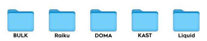 A row of five blue folder icons labeled BULK, Raiku, DOMA, KAST, and Liquid.