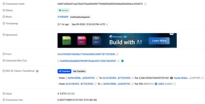 Blockchain transaction confirmation showing 0 ETH value with ERC-20 token transfers involving USDC and a 'Hunter Biden' labeled NFT.