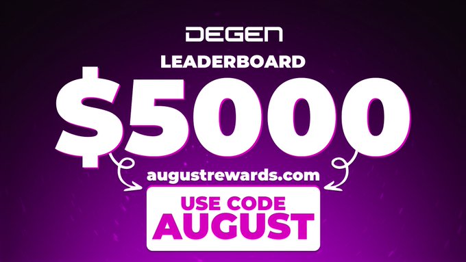 A promotional graphic with a purple background advertises a "DEGEN LEADERBOARD" featuring a "$5000" prize pool, directing users to "augustrewards.com" with the code "AUGUST." The bold design highlights the casino leaderboard promotion for the August rewards campaign mentioned in the post.