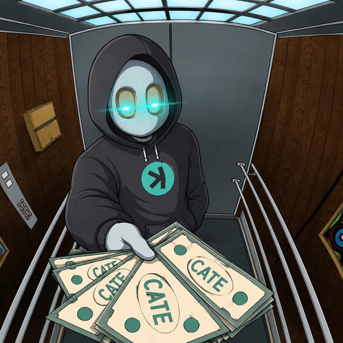 An animated character wearing a black hoodie with a teal logo and glowing green goggles stands in a wood-paneled elevator, handing out a fan of cash labeled 'CATE'.
