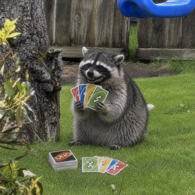 A chubby raccoon sits upright in a grassy backyard holding an "UNO" card hand (featuring red, blue, yellow, and green +2 cards), with the UNO deck and additional cards laid out in front of it, humorously illustrating the post's message that simply holding tokens and expecting the crypto community's energy to drive gains won't work—you have to actively "play your cards" and put in the work ("bagwork") to make a coin like $Jimothy succeed.