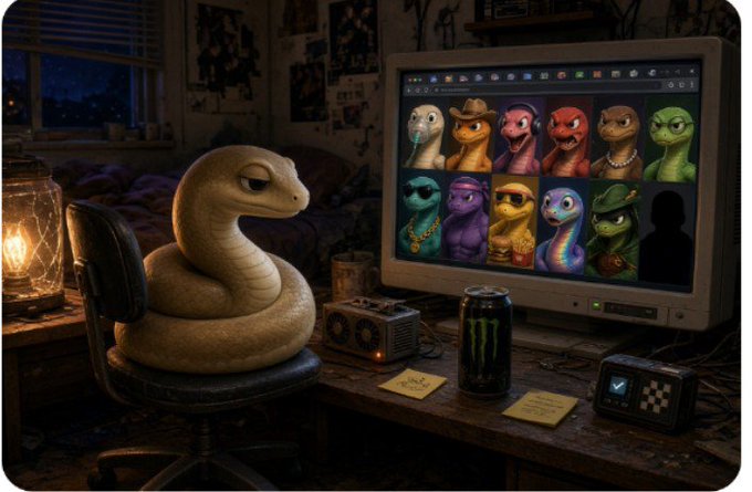 A cobra sits at a cluttered desk staring at an old monitor displaying twelve colorful snake character portraits, with a Monster energy drink beside it, capturing the "twelve personalities, one snake" lore referenced in the post about Slippyclub's mascot.