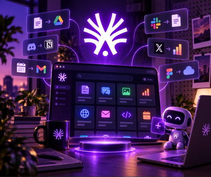A vibrant purple and neon-lit workspace scene featuring a laptop displaying app icons, surrounded by floating app logos including Slack, Notion, Gmail, X, and Figma. A small robot figurine and a branded coffee mug sit nearby, with a glowing snowflake-like logo in the center.