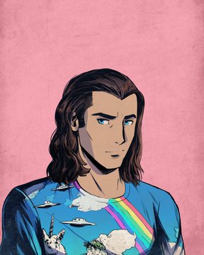 An illustrated portrait of a long-haired figure wearing a colorful shirt featuring UFOs, a rainbow, and unicorns against a pink background, evoking a playful, meme-inspired vibe that complements the post's enthusiastic, tongue-in-cheek declaration about collecting MadLads NFTs.