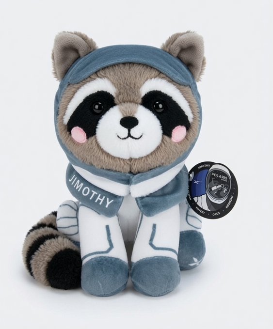 A cute plush raccoon toy named 'JIMOTHY' from Polaris wearing a blue and white spacesuit-style outfit, complete with a hangtag identifying the character.