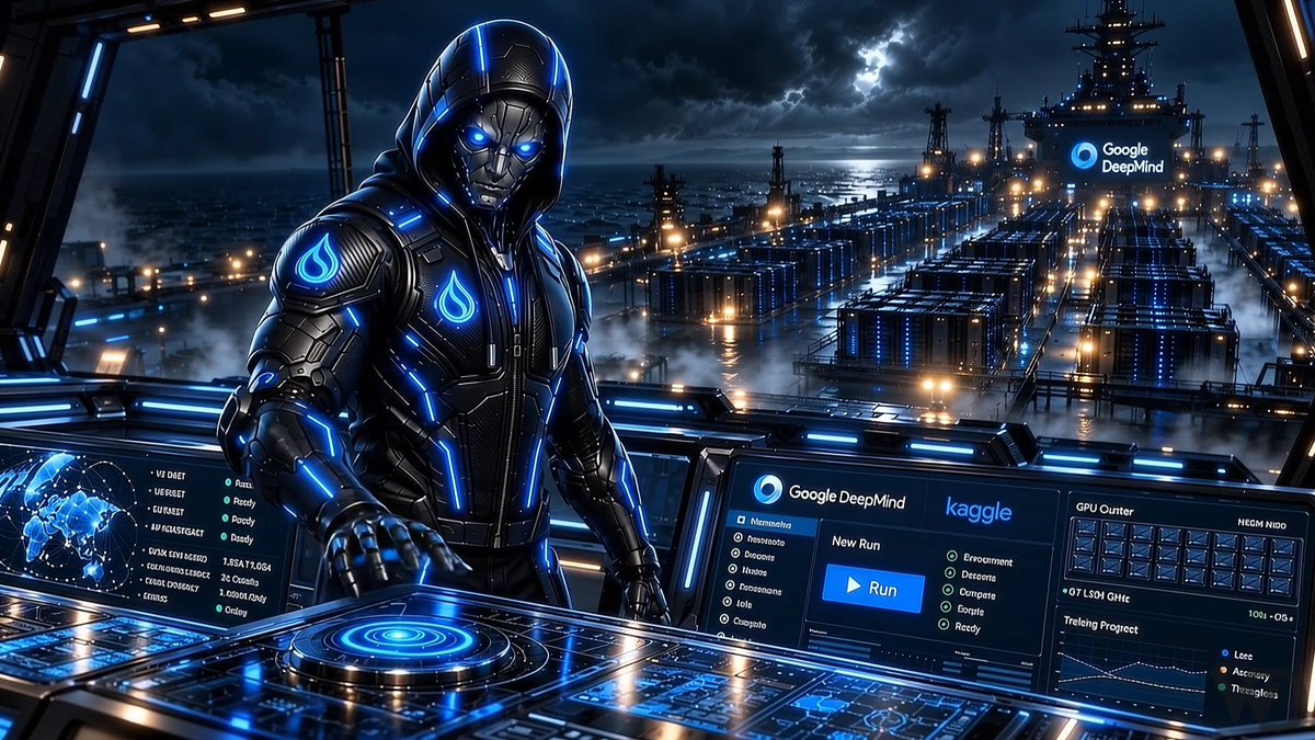 A futuristic digital illustration features a hooded, robotic figure with glowing blue eyes and circuit-like armor standing at a high-tech console displaying 'Google DeepMind' and 'kaggle' interfaces, with a sprawling data center visible in the background.
