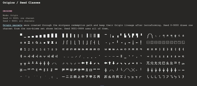 Technical display of 'Origins / Seed Classes' typography and symbols, explaining that Origin_parcels were created through the mintpass redemption path to keep their Origin lineage after terraforming, with Seeds 0-9000 shown.