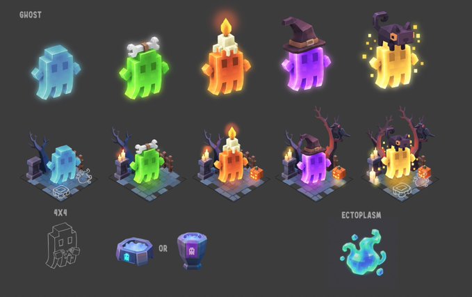 A digital asset sheet displaying various colorful 3D ghost characters in voxel style with Halloween-themed accessories, alongside items labeled '4X4' and 'ECTOPLASM'.