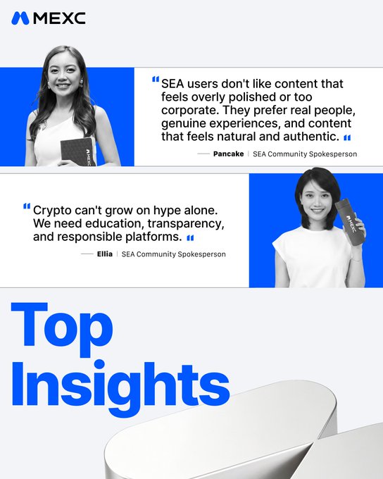 MEXC-branded graphic featuring "Top Insights" highlights with quotes from SEA Community Spokespersons Pancake ("SEA users prefer real people, genuine experiences, and content that feels natural and authentic") and Ellia ("Crypto can't grow on hype alone. We need education, transparency, and responsible platforms"), tying directly to the AMA discussion about MEXC's Southeast Asia community strategy.