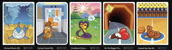 A row of five Pokémon TCG Pocket card game thumbnails including 'Shrewd Shark', 'Caring Camel', 'Confident Cobra', 'Be The Bigger Person', and 'Amped Axe', each with view counts like '#43,436' and '#37,749'.