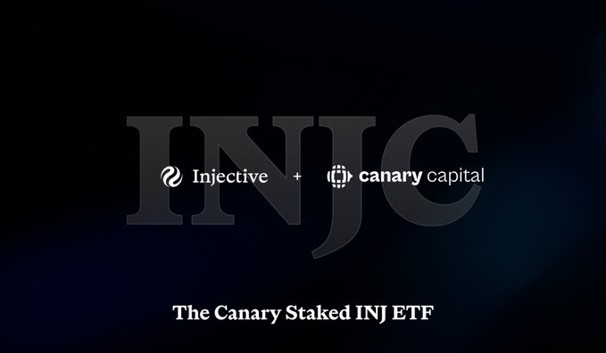 A dark graphic promoting 'The Canary Staked INJ ETF' featuring the Injective and Canary Capital logos over a faded INJC watermark.