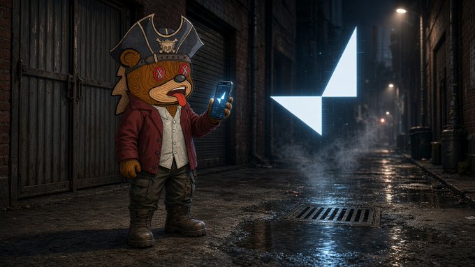 A 3D-rendered anthropomorphic bear character dressed as a pirate with an eyepatch and hat, standing in a dimly lit alleyway holding a smartphone that displays a glowing Binance logo.