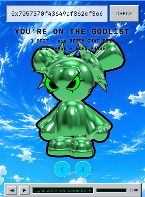 A digital interface showing a green 3D cartoon character with the text 'YOU'RE ON THE GODLIST' and '1 SPOT - via BETTY CHAT FORM', with a hex address and 'CHECK' button at the top.