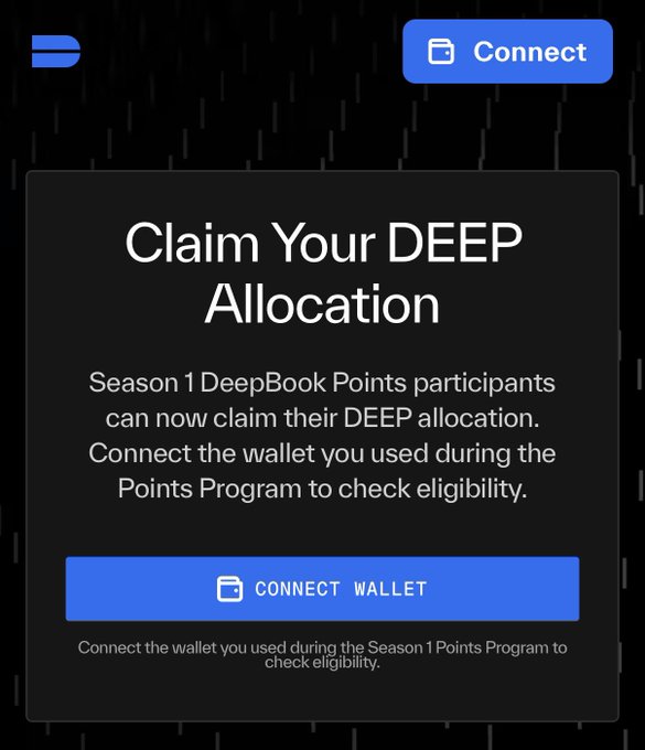 The image shows an advertisement for a DeepBook Points program that allows participants to claim their DeepAllocation, which is a new type of currency system. The program is designed to connect users' wallets during specific seasons so they can use points earned from the program to purchase goods and services. In this case, the advertisement highlights how participants can join this program in the current season (specifically, Season 1) and claim their DeepAllocation immediately using a mobile app.