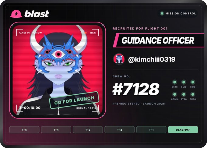 A digital crew card titled 'blast' features a masked character for 'GUIDANCE OFFICER' with the username '@kimchiii0319', crew number '#7128', and a 'GO FOR LAUNCH' button indicating pre-registration for 'LAUNCH 2026'.