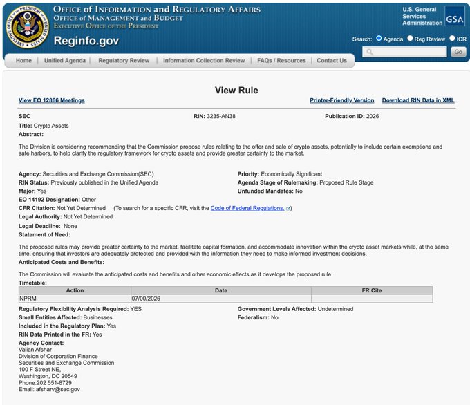 A screenshot from Reginfo.gov showing a rule titled 'Crypto Assets' (RIN: 3235-AN38) by the SEC, with publication ID 2026 and contact Vaizan Afshar of the Division of Corporation Finance.