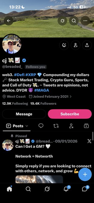 A screenshot of an X (formerly Twitter) profile for a user with the handle starting with 'cj' (@breaded_), whose bio mentions 'web3, #DeFi #XRP', 'Crypto Guru, Sports, and Call of Duty', and 'DYOR #MAGA'.