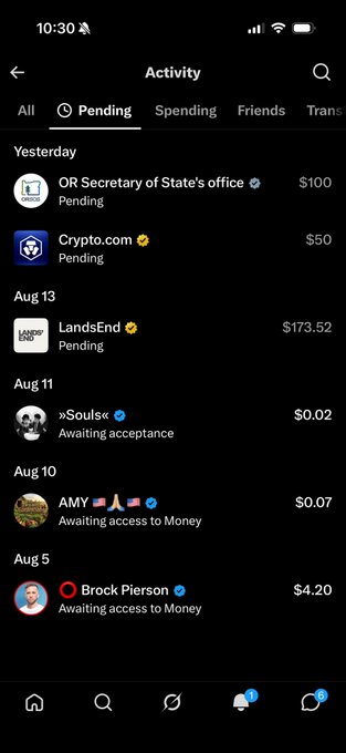 A screenshot of a mobile payment app's activity page showing pending transactions including $100 to OR Secretary of State's office, $50 to Crypto.com, and $173.52 to LandsEnd, along with completed friend requests from users like »Souls« and Brock Pierson.