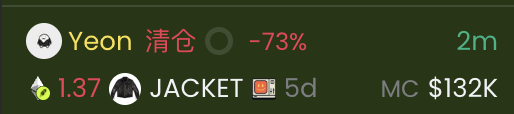 The image displays a trading interface showing "Yeon" with a -73% loss and a "JACKET" position at 1.37 with a market cap of $132K and 5-day timeframe, illustrating a Korean trader's significant losses. This visualizes the post's narrative about Yeon's liquidated $JACKET position and the frustrations with platform bugs and missed opportunities.
