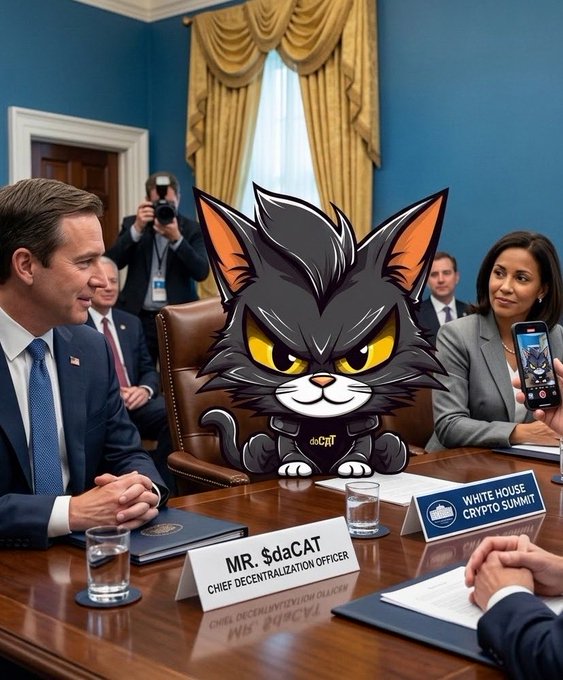 A fierce cartoon black cat with glowing yellow eyes sits at a White House Crypto Summit table between suited officials, labeled "MR. $daCAT, Chief Decentralization Officer," as someone snaps a photo of the feline mascot. The image playfully visualizes the "$daCAT on Ethereum" token crashing a high-level crypto summit as its official feline representative.
