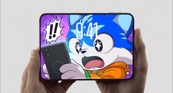 A folded smartphone displaying a lock screen with a cartoon blue character, showing the time 9:41, held in someone's hands.