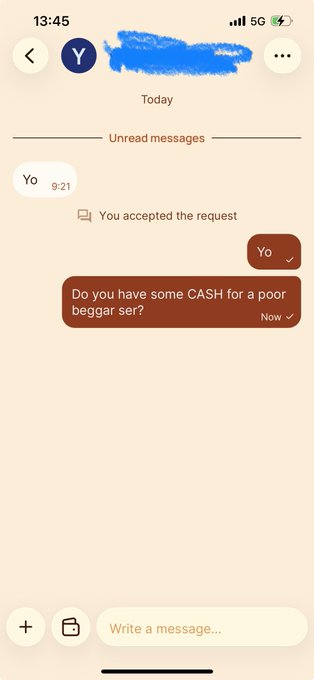 A screenshot of a direct message in the Polkadot app shows a user asking "Do you have some CASH for a poor beggar ser?" with a previous "Yo" message and a "You accepted the request" notification, illustrating the playful begging interaction described in the post.