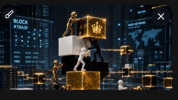 A 3D illustration depicting blockchain and cryptocurrency mining, showing figures pushing blocks labeled "BLOCK #78A3F" with "NODE NETWORK STATUS: ACTIVE" displayed on the right.