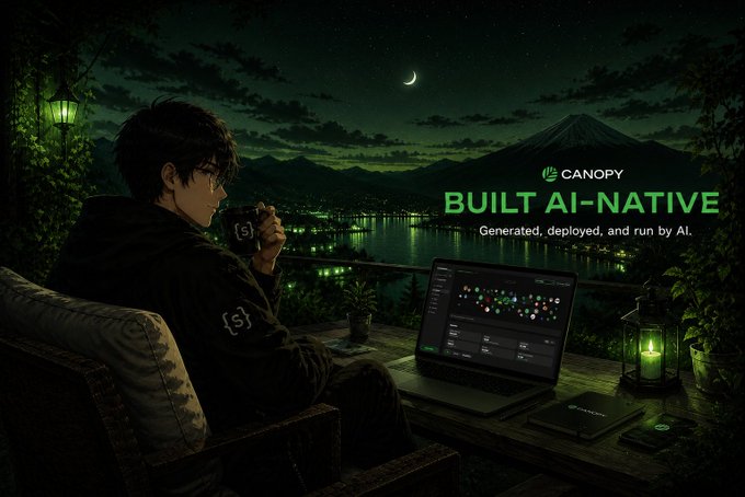 A nighttime anime-style scene shows a young man sipping from a mug beside a laptop displaying a node network interface, with the text "CANOPY — BUILT AI-NATIVE — Generated, deployed, and run by AI" overlaid against a backdrop of a crescent moon, Mount Fuji, and a glowing lakeside city. The image complements the post by visually reinforcing the "Gudd Night" vibe and Canopy's AI-native, sovereign onchain infrastructure message.