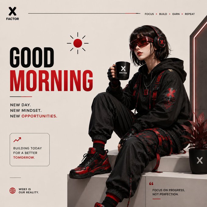 A promotional graphic for "X FACTOR" featuring a woman in techwear and red sunglasses holding a branded mug, with the text "GOOD MORNING", "FOCUS > BUILD > EARN > REPEAT", and "WEB3 IS OUR REALITY."