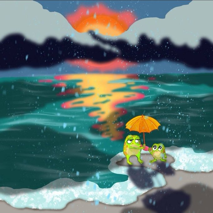 A digital illustration of two cute frogs standing on a snowy shore at sunset, with one frog holding an orange umbrella over both of them.
