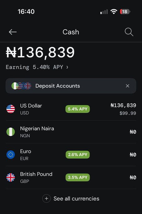 A mobile banking app screenshot showing a Cash account with ₦136,839 (Nigerian Naira) earning 5.40% APY, with options for US Dollar, Nigerian Naira, Euro, and British Pound deposit accounts.