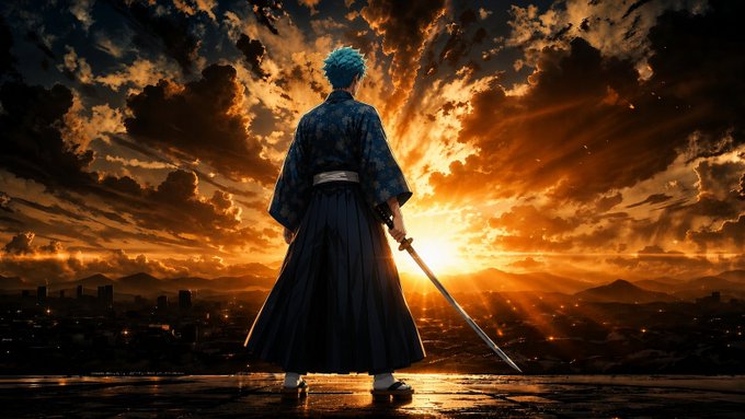 An anime-style illustration of a swordsman with blue hair viewed from behind, standing before a dramatic orange sunset with scattered clouds, a sword drawn at his side, looking over a landscape.