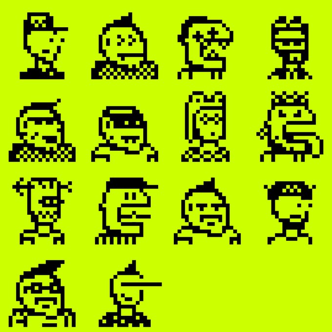 A collection of 14 pixel-art character sprites arranged in a grid on a bright yellow background, featuring various quirky faces and figures in a retro game style.
