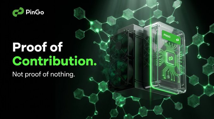 An advertisement for PinGo cryptocurrency with the slogan 'Proof of Contribution. Not proof of nothing,' displaying a mining rig with green hexagonal graphics.