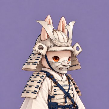 An illustration of an anthropomorphic white horse dressed in traditional samurai armor against a solid purple background.