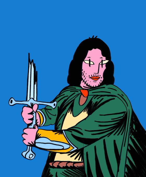 A stylized pop-art illustration of a figure with long dark hair wearing a green cloak and holding a sword against a solid blue background.