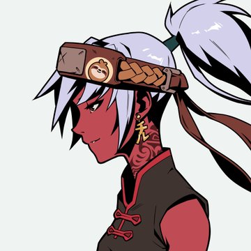A red-skinned anime character with white hair in a ponytail, wearing a headband featuring the Azuki bean logo, alongside Chinese characters tattooed on her neck, representing the Azuki NFT project referenced in the post.