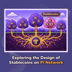 A digital illustration shows stylized trees with Pi Network logos as their canopies, their roots merging into a glowing Pi symbol underground, with a "Stablecoins" label above. The caption "Exploring the Design of Stablecoins on Pi Network" appears below, directly visualizing the blog's theme of integrating stablecoins as a branching extension of Pi's foundational ecosystem.