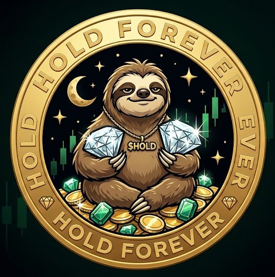A cartoon sloth wearing a "$HOLD" medallion holds two sparkling diamonds while sitting atop gold coins and emeralds, surrounded by the repeating inscription "HOLD FOREVER." Candlestick charts, a crescent moon, and stars fill the dark background, symbolizing steadfast crypto wealth and embodying the "$HOLDFV" diamond-hands mantra of holding through every market cycle.