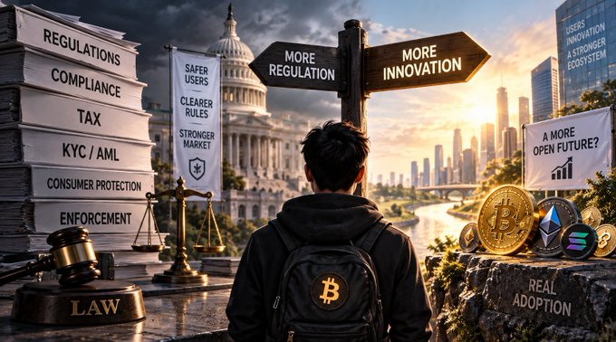 A person with a Bitcoin logo on their backpack faces a crossroads between signs reading 'MORE REGULATION' and 'MORE INNOVATION', with stacks labeled 'REGULATIONS, COMPLIANCE, TAX, KYC/AML, CONSUMER PROTECTION, ENFORCEMENT' on one side and crypto coins on the other.