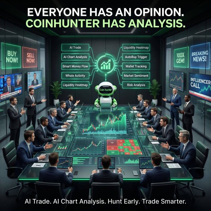 A high-tech conference room scene shows professionals gathered around a glowing trading table displaying charts and data, with a central AI robot labeled "Coin Hunter" connected to features like "AI Trade," "AI Chart Analysis," "Smart Money Flow," "Whale Activity," and "Liquidity Heatmap." Bold text at the top declares "EVERYONE HAS AN OPINION. COINHUNTER HAS ANALYSIS," while bottom text reinforces the post's message: "AI Trade. AI Chart Analysis. Hunt Early. Trade Smarter." The image visually represents the post's contrast between subjective market opinions and CoinHunter's data-driven AI tools.