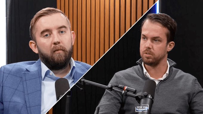 A split image showing two men in a podcast studio setting, with the 'New End Normal' logo visible on a microphone, suggesting an interview or discussion format.