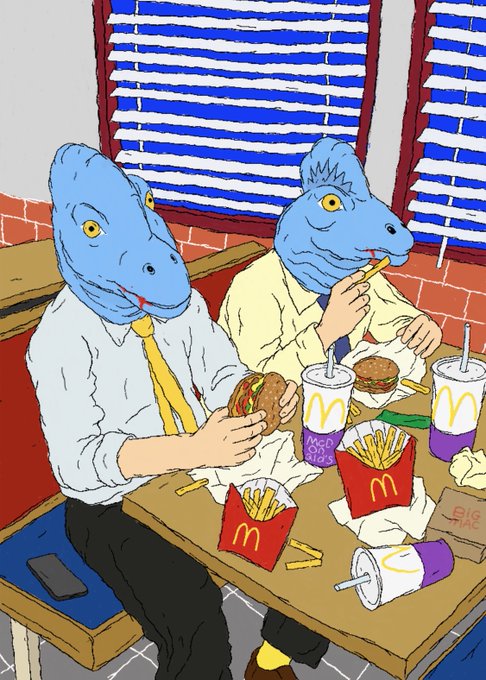 Two blue dinosaur-headed figures in business attire enjoy a McDonald's meal at a restaurant booth, complete with Big Macs, fries, and McShakes/Drinks, with a phone resting on the bench beside them — visually tying into the "Dino Chicken Nuggets" NFT collection announcement.