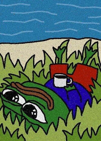 A cartoon frog wearing sunglasses lies relaxed in the grass with boots on and a coffee mug in hand, embodying the carefree "Good Morning" weekend vibe the post describes—chill, sunny, and easygoing.