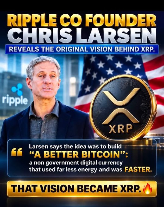 A YouTube-style thumbnail featuring Ripple co-founder Chris Larsen with the text 'RIPPLE CO FOUNDER CHRIS LARSEN REVEALS THE ORIGINAL VISION BEHIND XRP' and a quote about building 'A BETTER BITCOIN' that became XRP.