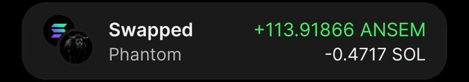 A notification shows a successful token swap, displaying "+113.91866 ANSEM" in green and "-0.4717 SOL" in white, alongside the Phantom wallet logo. The image relates to the post by illustrating a recent crypto trade that helped the user accumulate more ANSEM tokens, bringing their total holdings to 925.