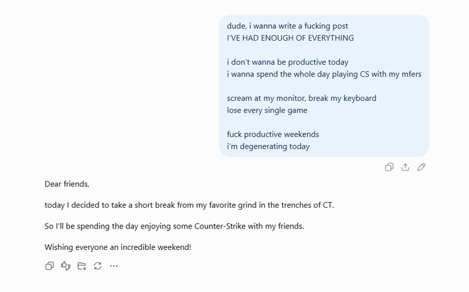 A humorous AI assistant rephrasing of a message where someone expresses frustration about work and wants to play Counter-Strike instead, transforming angry venting into a polished LinkedIn-style post about taking a break from work.