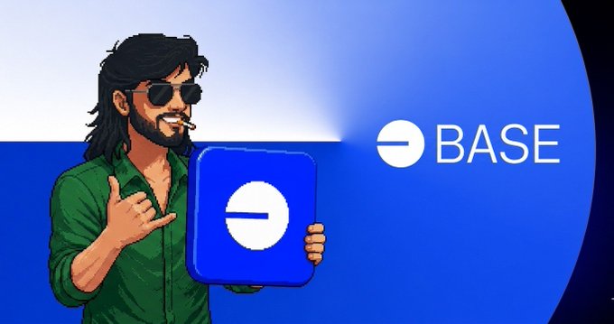 A cartoon illustration of a man with long dark hair and sunglasses giving a 'shaka' sign while holding a large Base logo tile, with the word 'BASE' displayed to his right on a blue background.